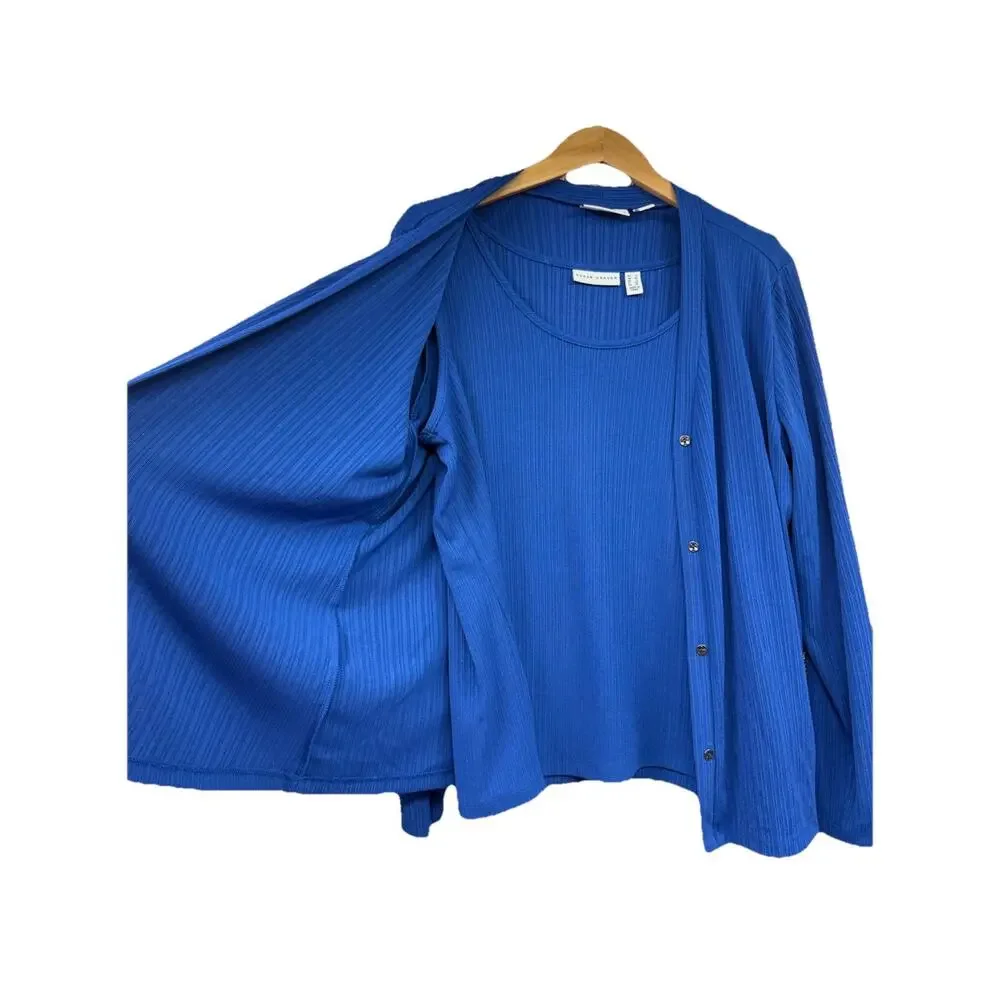 Susan Graver Tank Top Cardigan Ribbed Liquid Knit Set Blue Womens Large - Picture 4 of 7